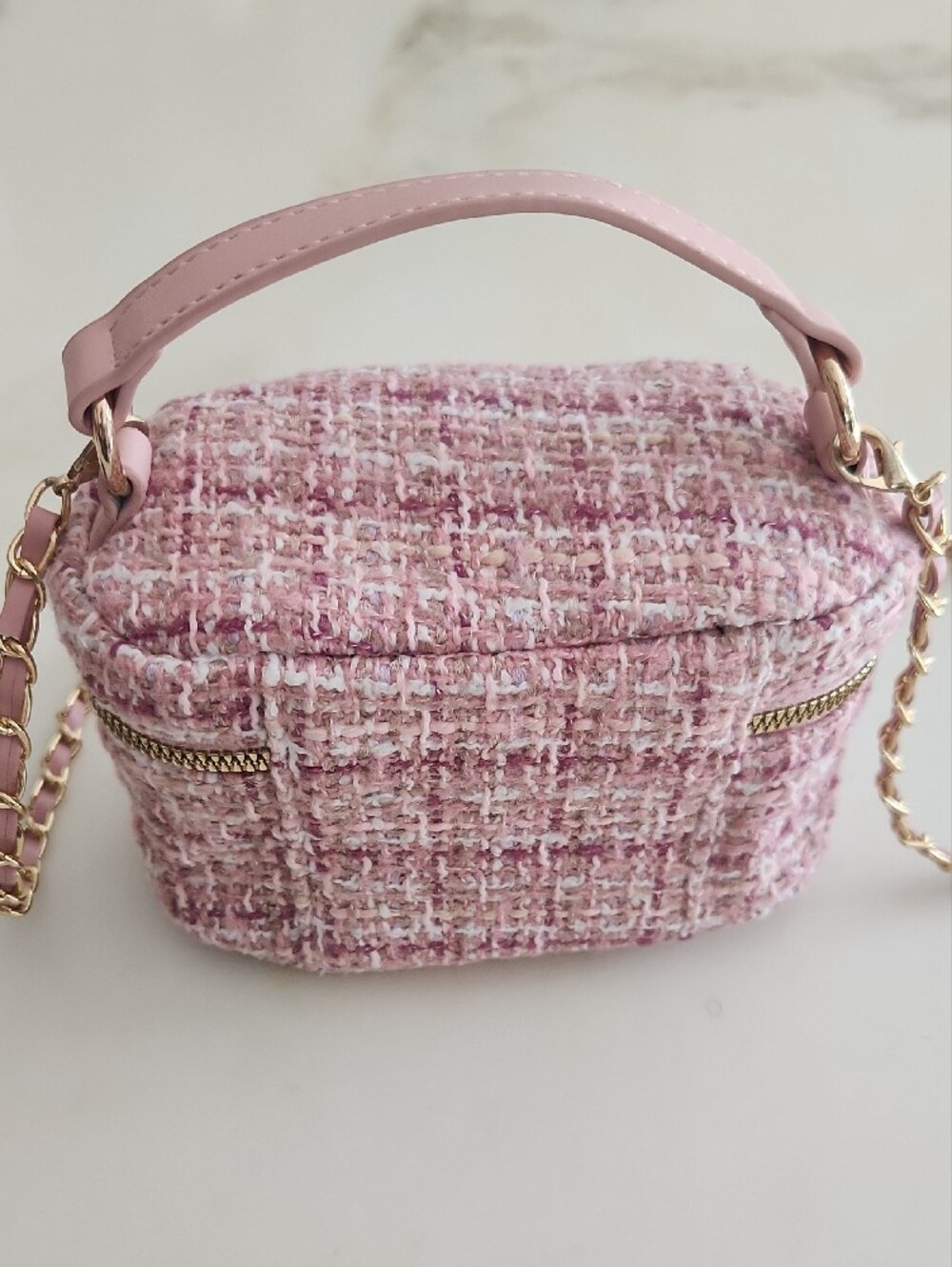 Pink Tweed Mini Vanity Crossbody Bag with Floral Charms..so Pretty! - Picture 5 of 11